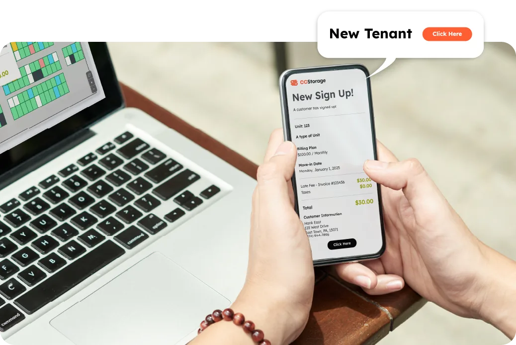 A tenant completing an online storage rental on a phone