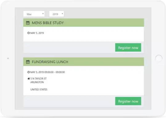 Event registration list showing a men's Bible study and a fundraising lunch