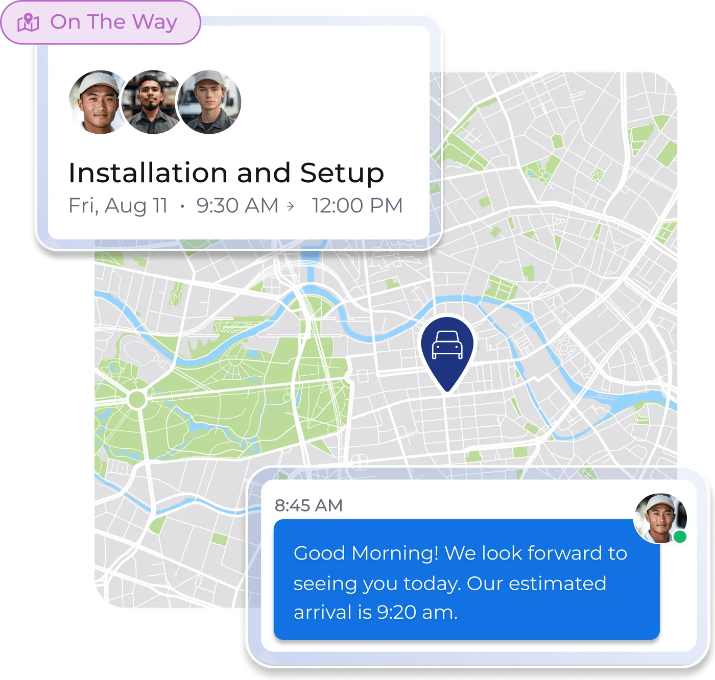 A map with a text message telling the customer the technician's estimated arrival time