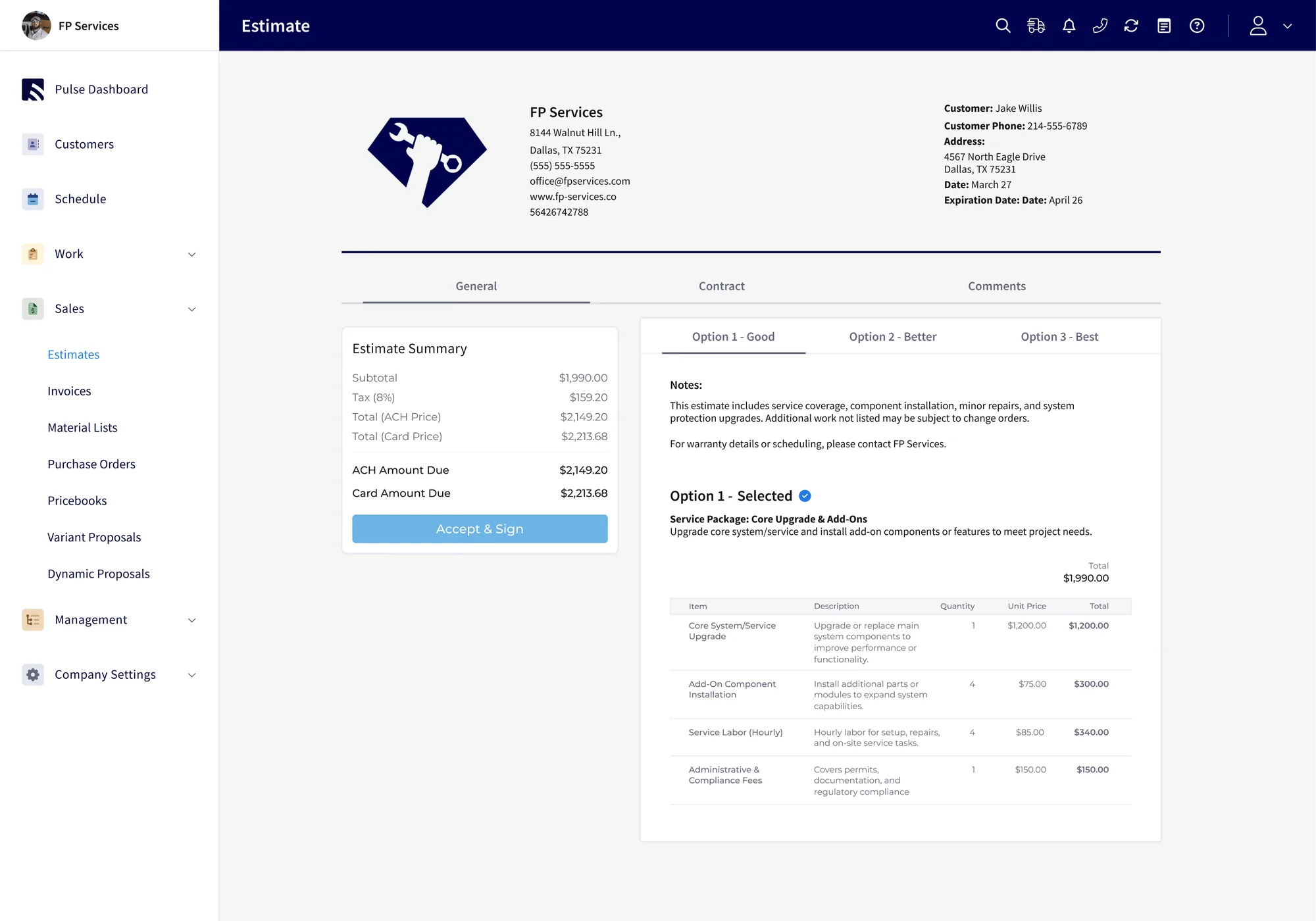 FieldPulse screen: building an estimate