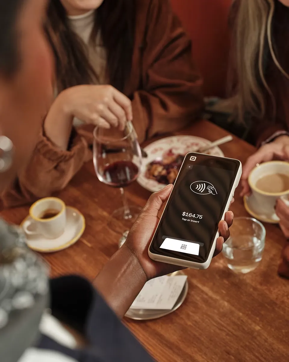 A cafe guest tapping a card on Square Handheld