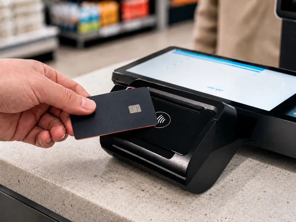 A customer tapping a card to pay on the Stackably Tablet POS at a shop counter